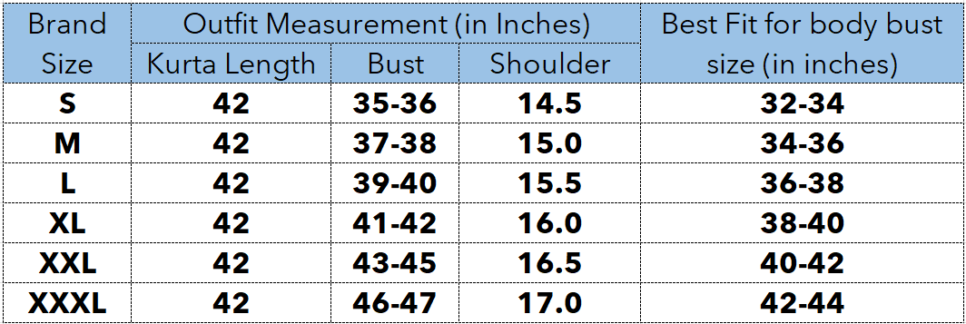 A-line kurta size guide with bust and fit measurements