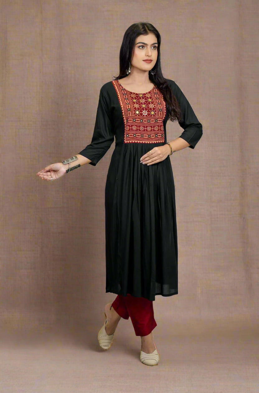 Black Hand Embroidered Block Printed Aline Kurta β Front View