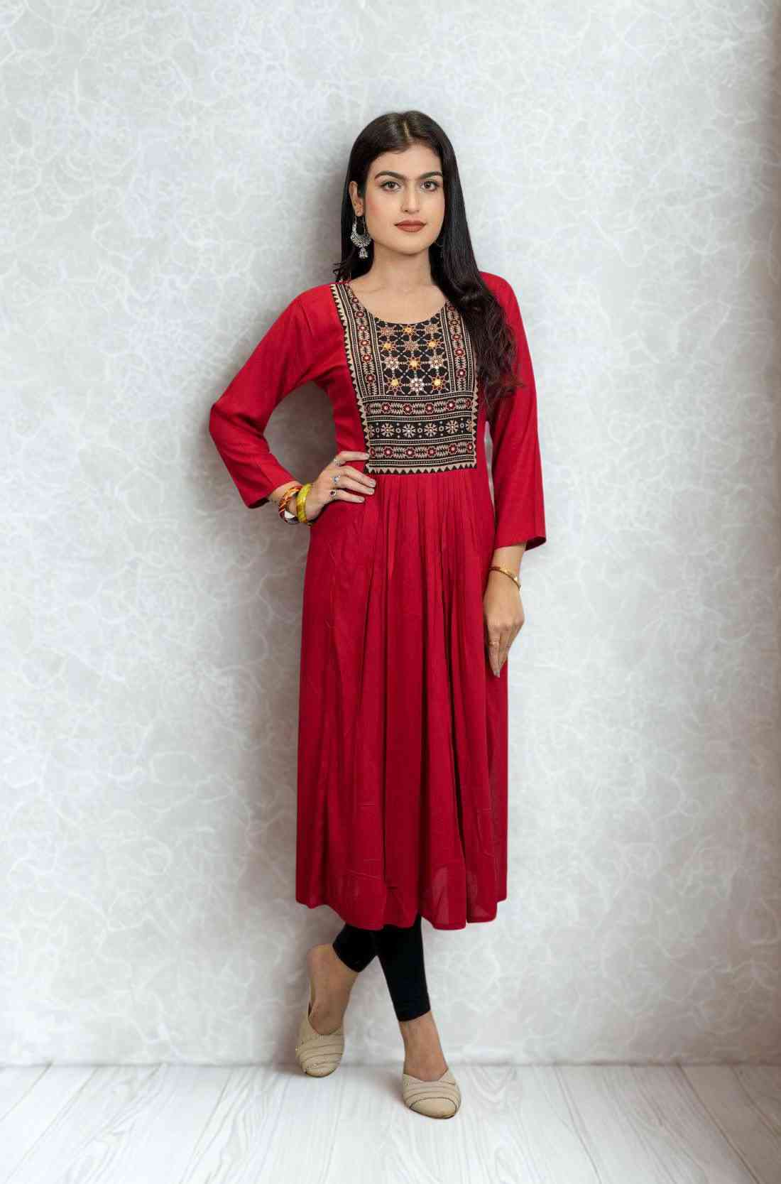 Red Hand Embroidered Block Printed Aline Kurta β Front View