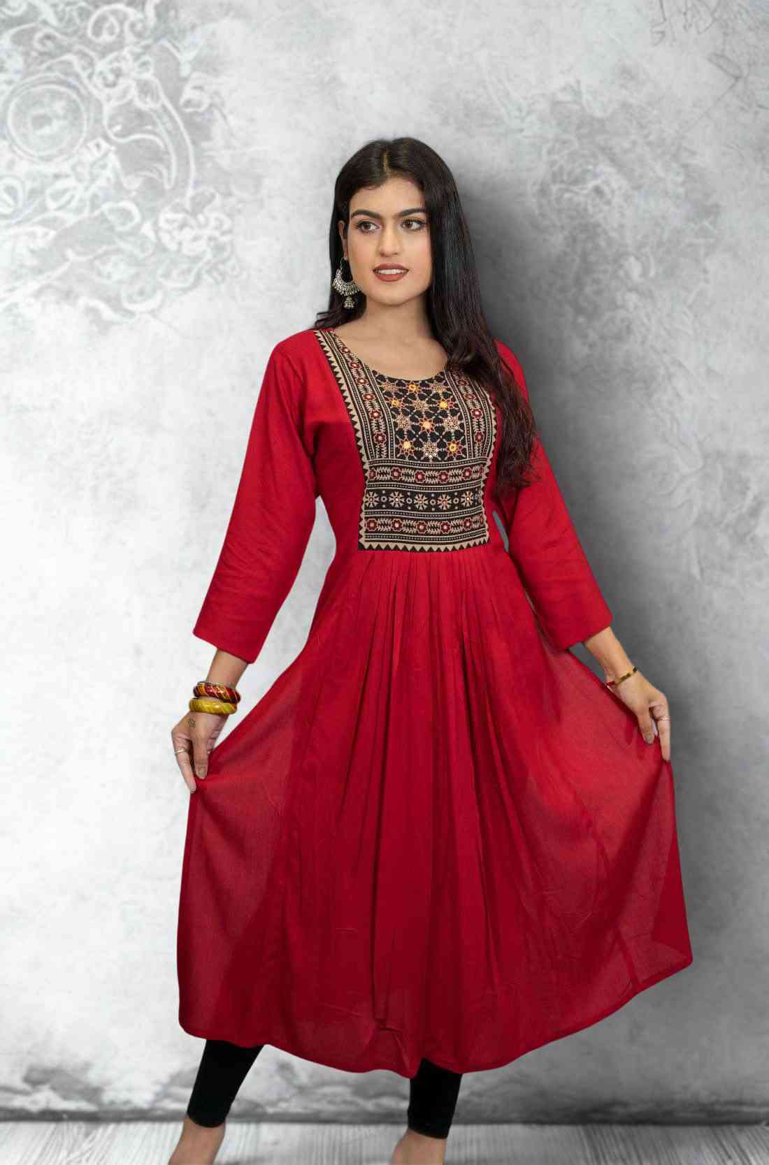 Red Hand Embroidered Aline Kurta β Flared Hem View