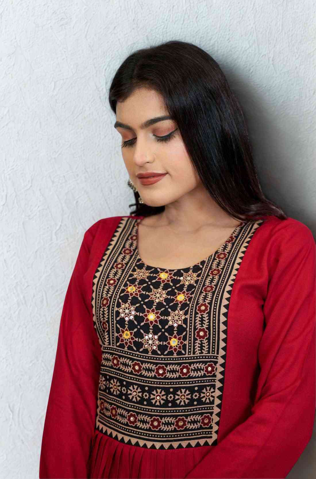 Block Print and Hand Embroidery on Red Kurta β Close-Up View