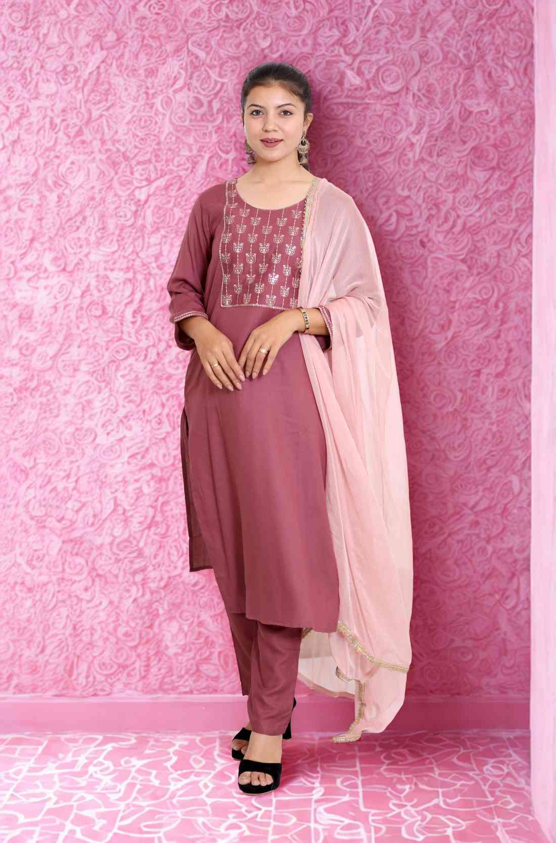 Wine Rayon Kurta with pant and Dupatta β Full Length View