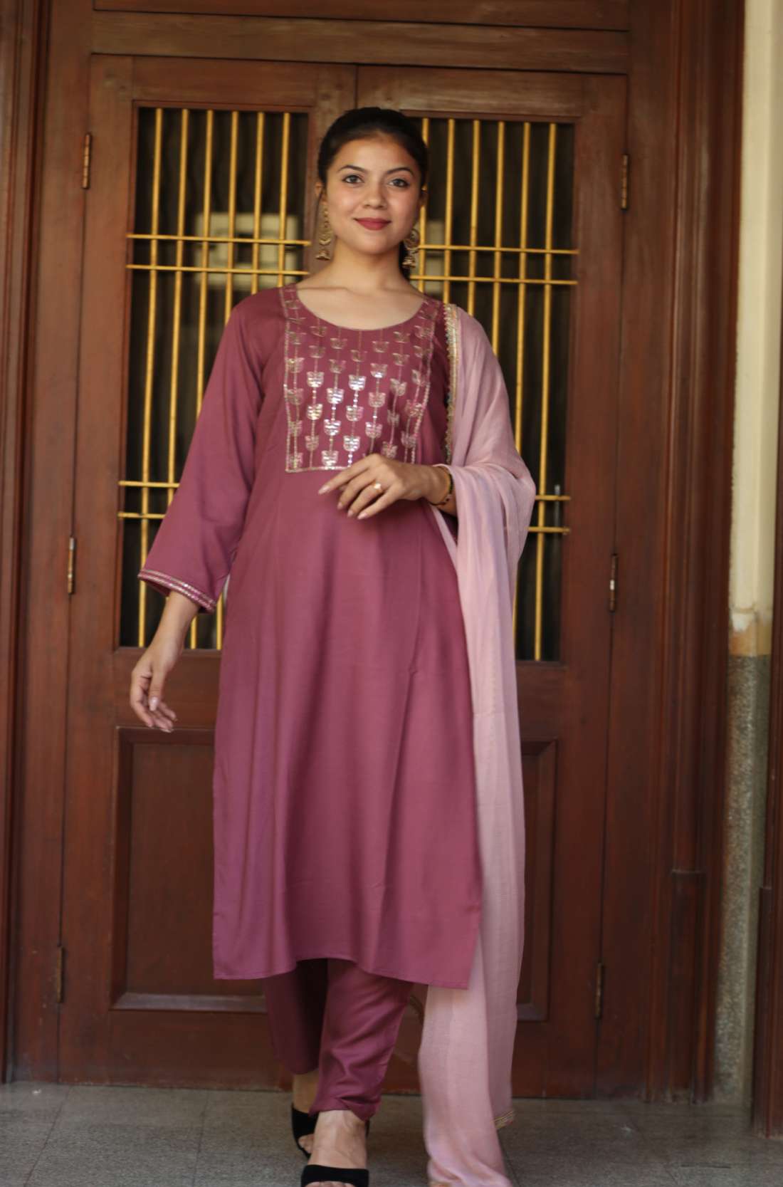 Wine Embroidered Rayon Kurta Set with Dupatta β Front View