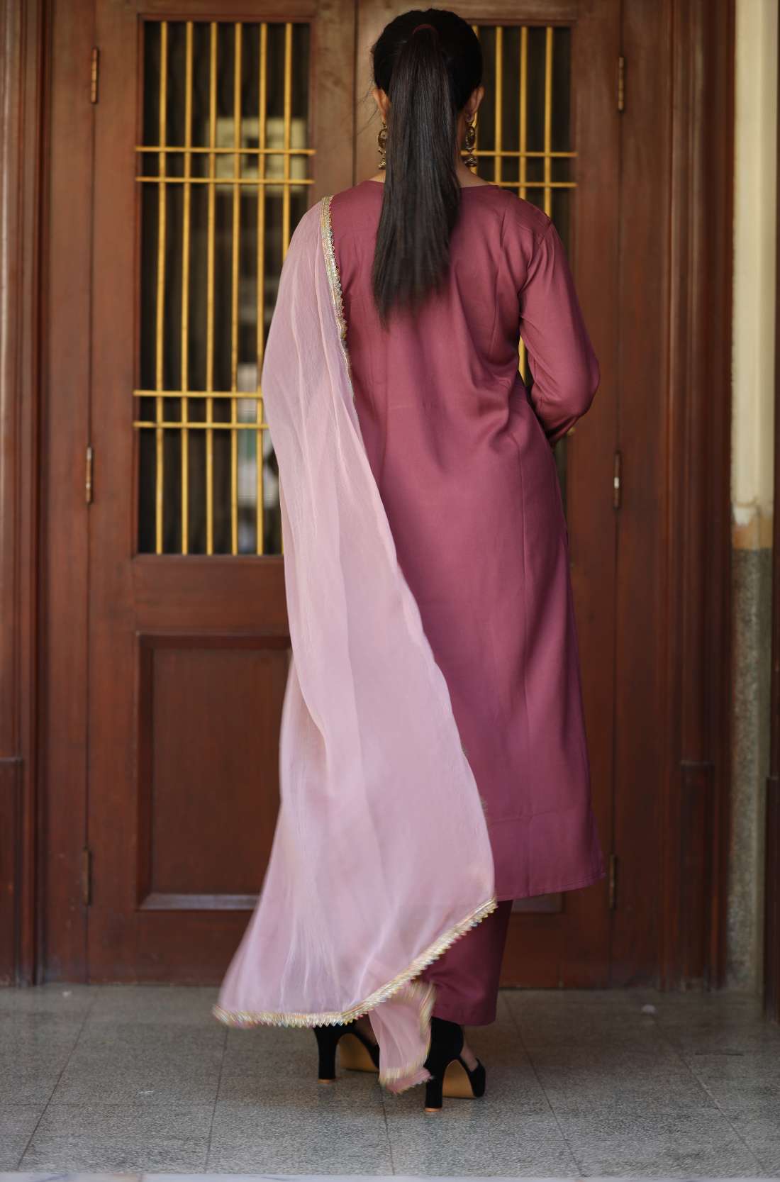 Wine intricate Embroidered Kurta Set β Back View