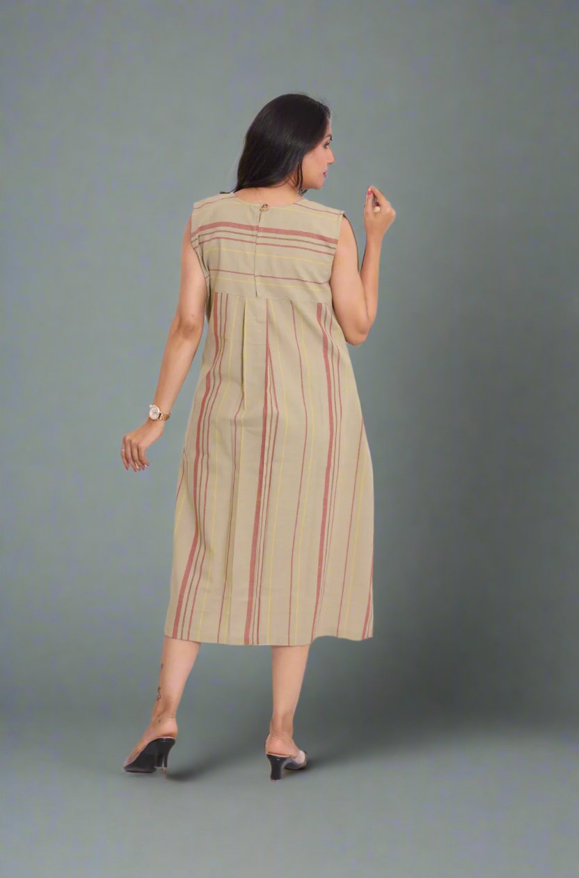 Back view of sleeveless beige striped A-line kurti