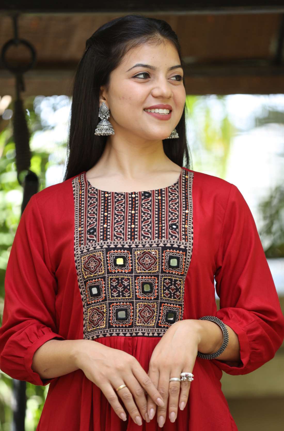 Embroidery Detailing on Red Aline Kurta – Close-Up View