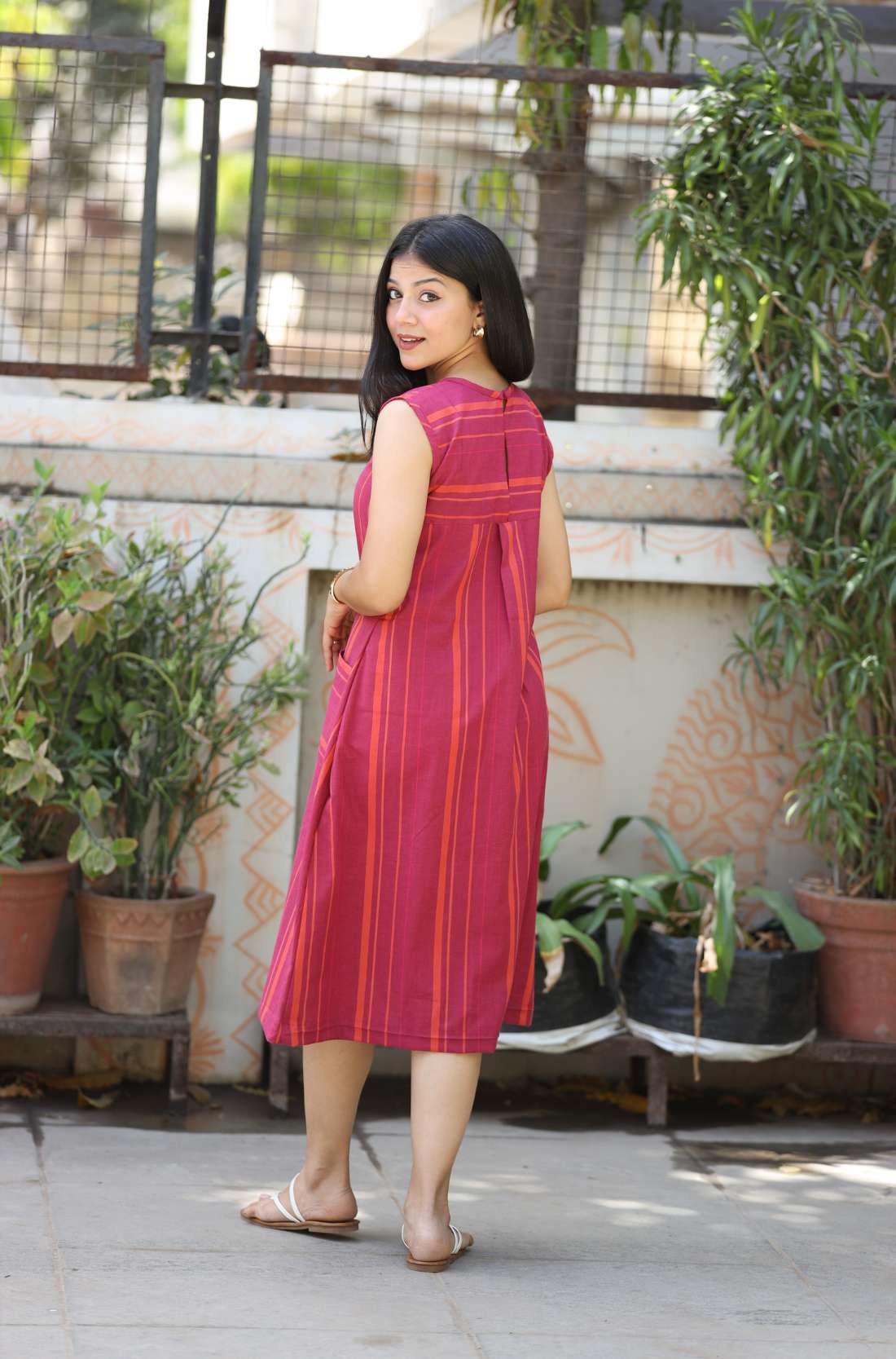 Pink Striped Frock Style Cotton Kurti β Back View
