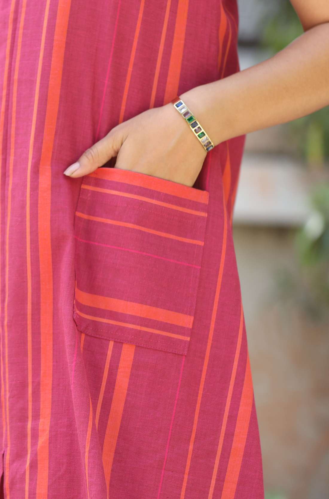 Pink Striped Frock Style Cotton Kurti β Pocket