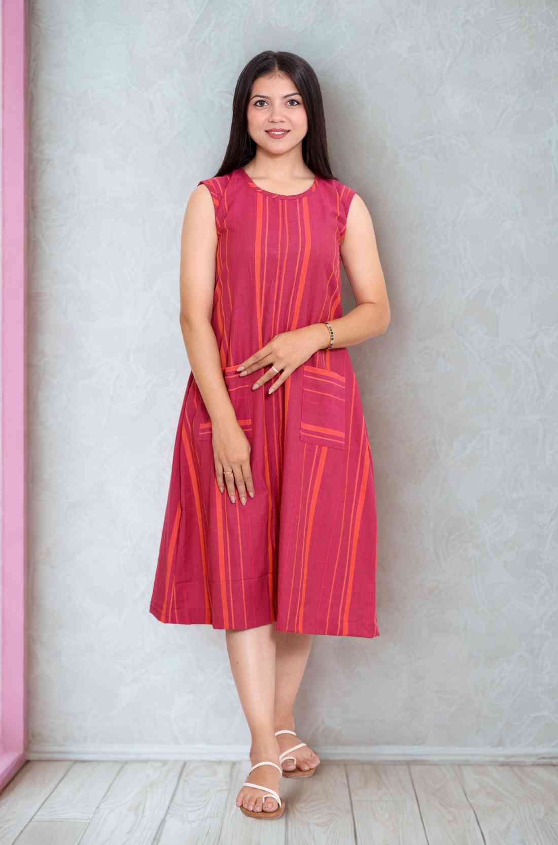 Pink Striped Frock Style Cotton Kurti β Front View