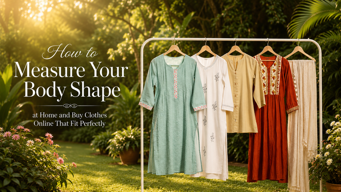 A clothing rack outdoors in a lush green garden displaying five handcrafted kurtis in teal, white, beige, rust red, and ivory, with the text "How to Measure Your Body Shape at Home and Buy Clothes Online That Fit Perfectly" overlaid on the left.