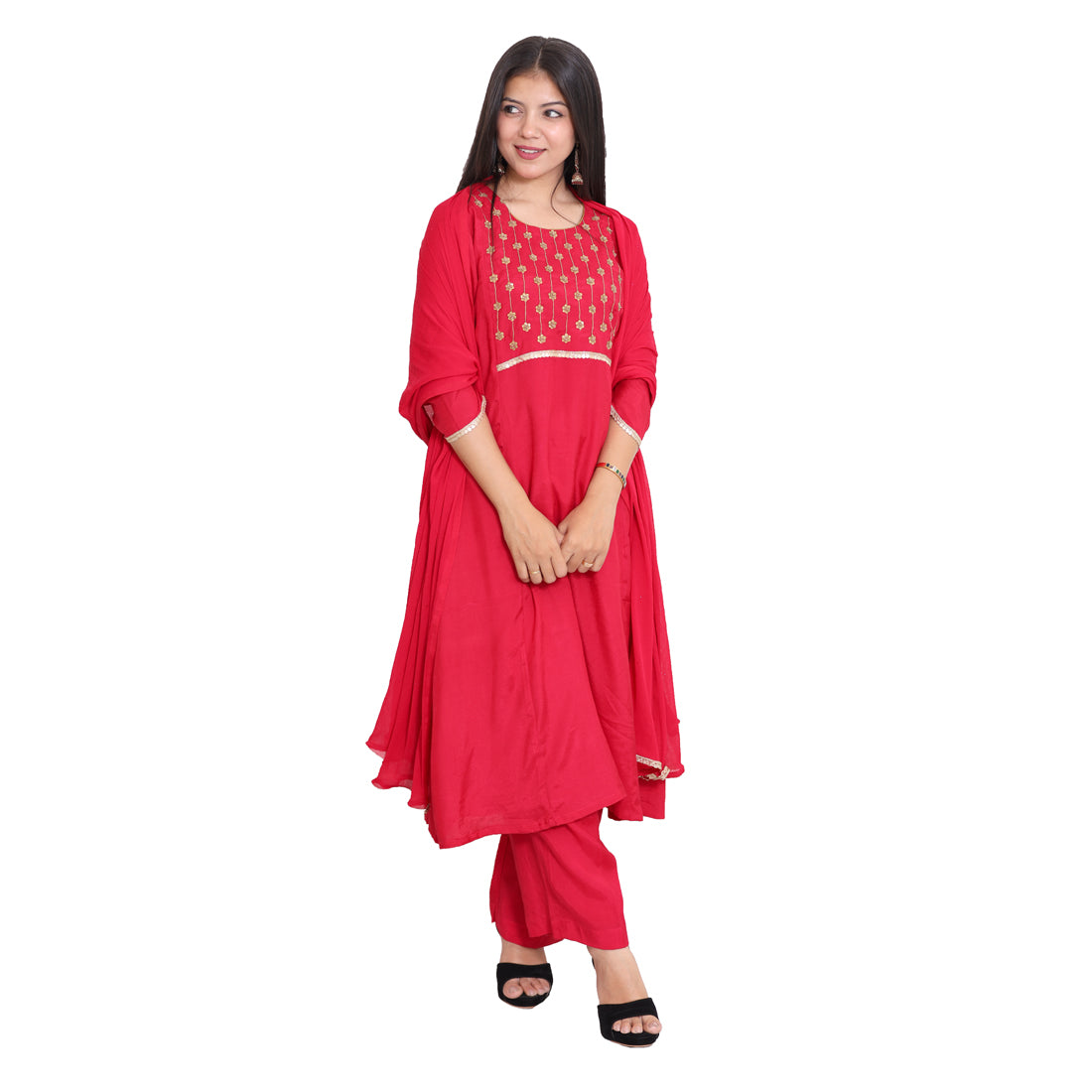 Red silk kurta set with duppatta