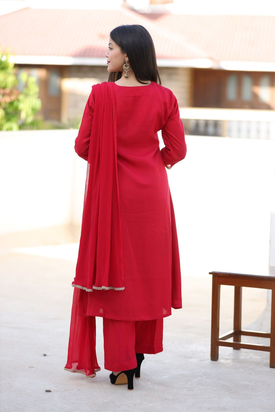 Red silk kurta set with duppatta