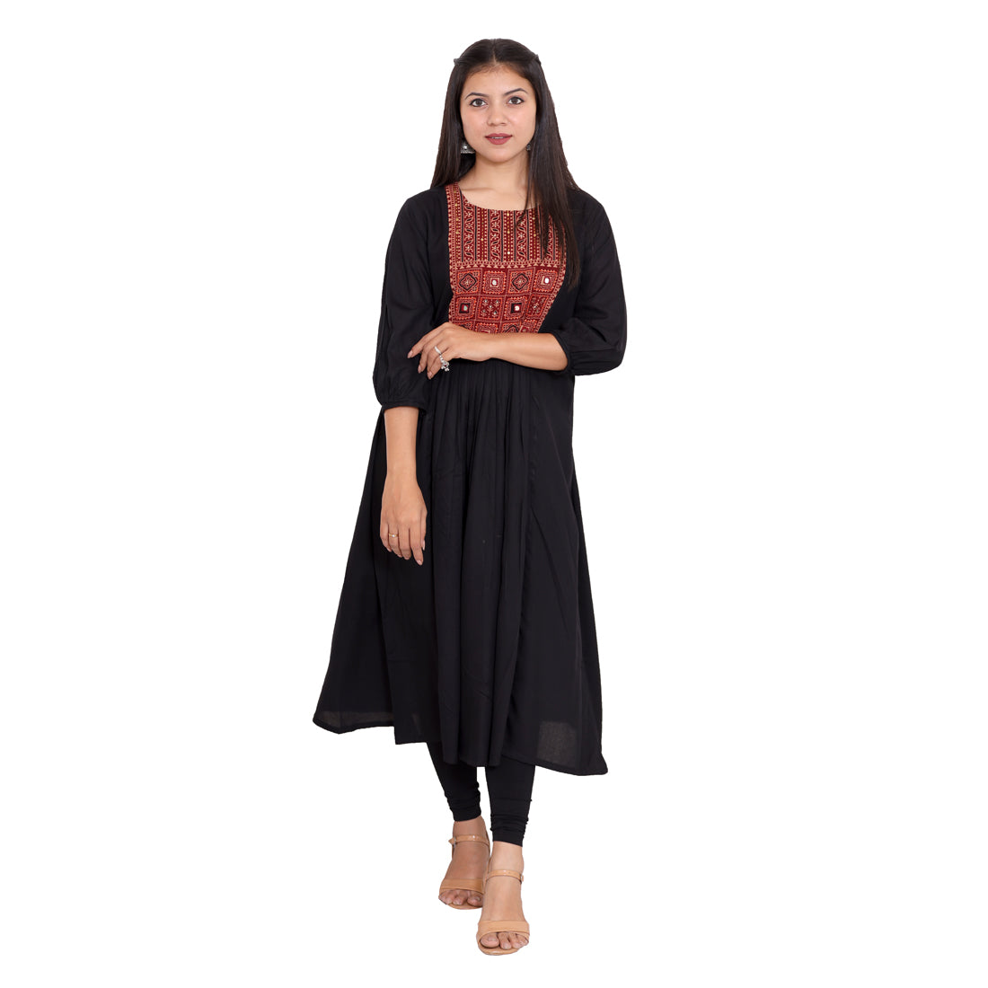 Women's Rayon Round Neck 3/4 Sleeve Embroderied Regular Fit Casual Straight Kurta for Party Office Everyday -Color[Black]