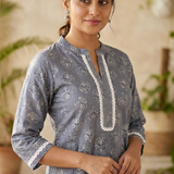 Grey Printed Cotton Straight Kurta