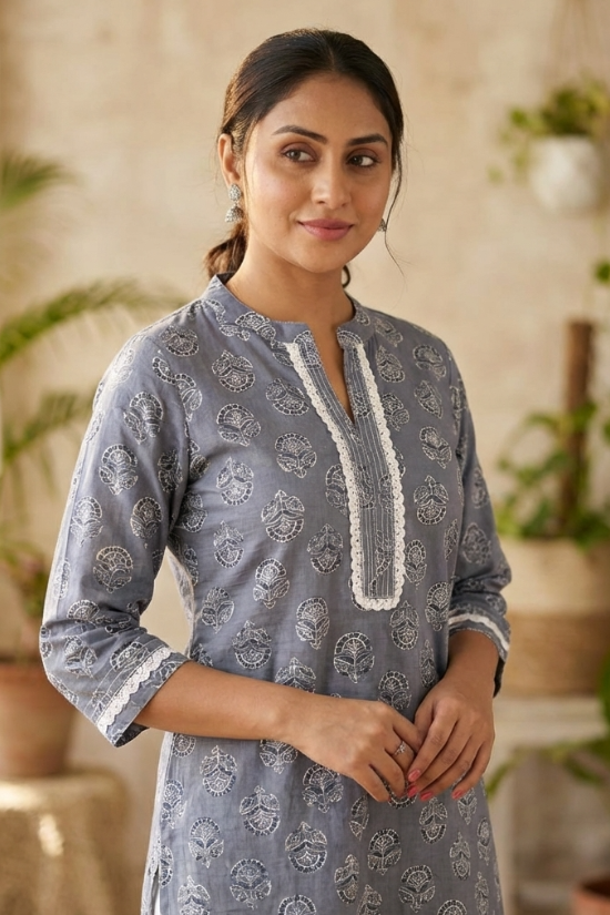 Grey Printed Cotton Straight Kurta