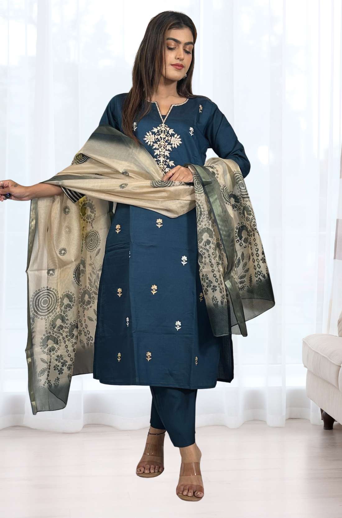 Front_view_Dark Blue Grey_silk_kurta_set