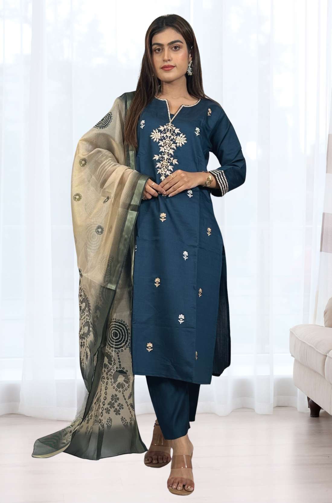 Side_pose_in_Dark Blue Grey_silk_kurta_set