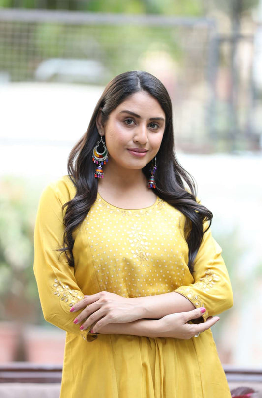 Art silk yellow flared kurta with pant