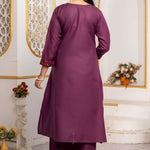 Back view of a magenta pure cotton kurta pant set showing the plain kurta silhouette, three-quarter sleeves with embroidered cuffs and matching straight-fit pants.