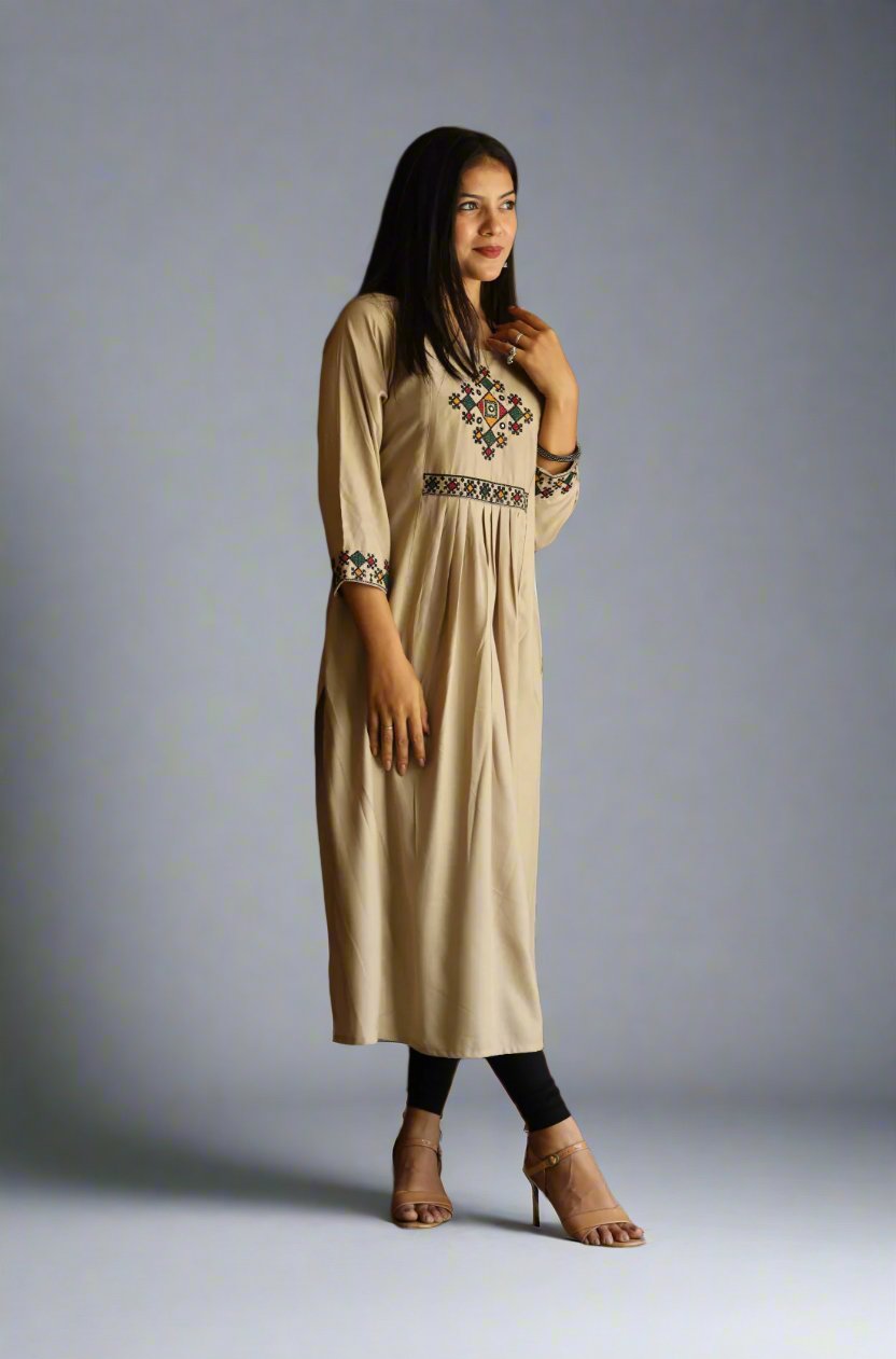 Embroidered Beige Rayon Aline Kurta – Styled Look