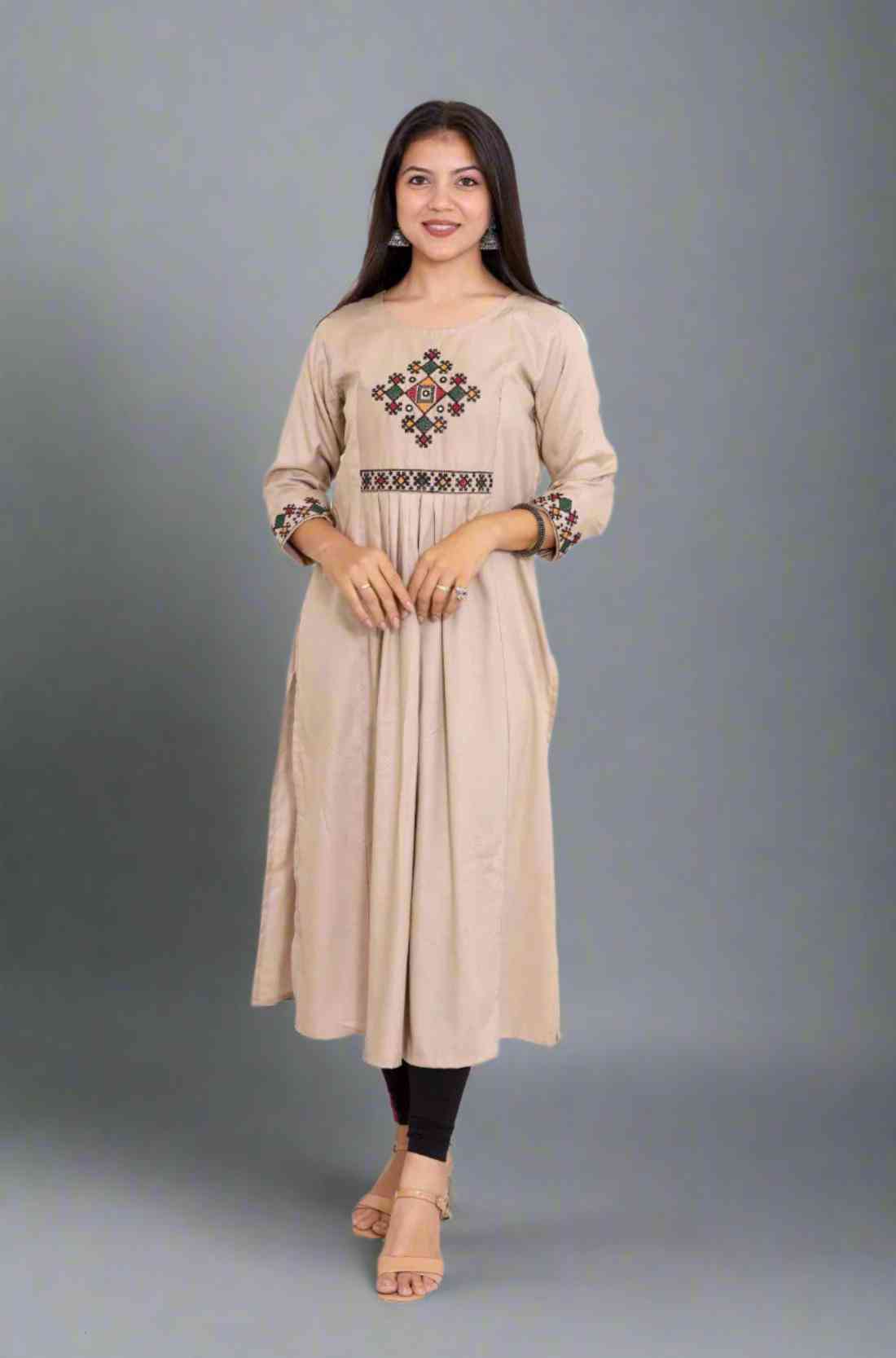 Embroidered Beige Rayon Aline Kurta – Front View