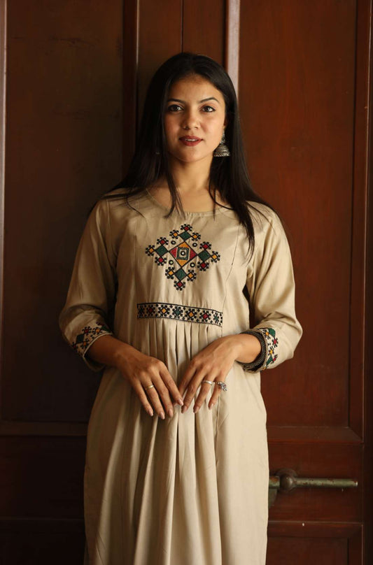 Embroidered A-line Beige cross stitch Rayon Kurta