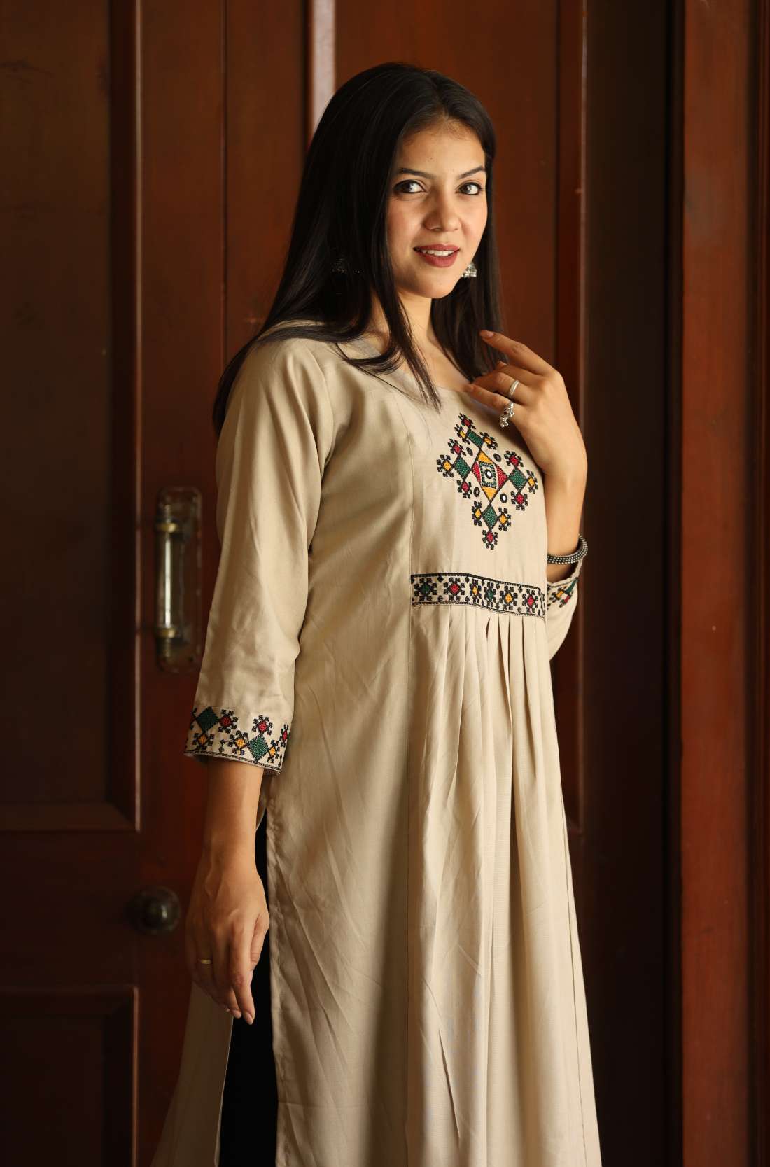 Embroidered Beige Rayon Aline Kurta – Side Profile