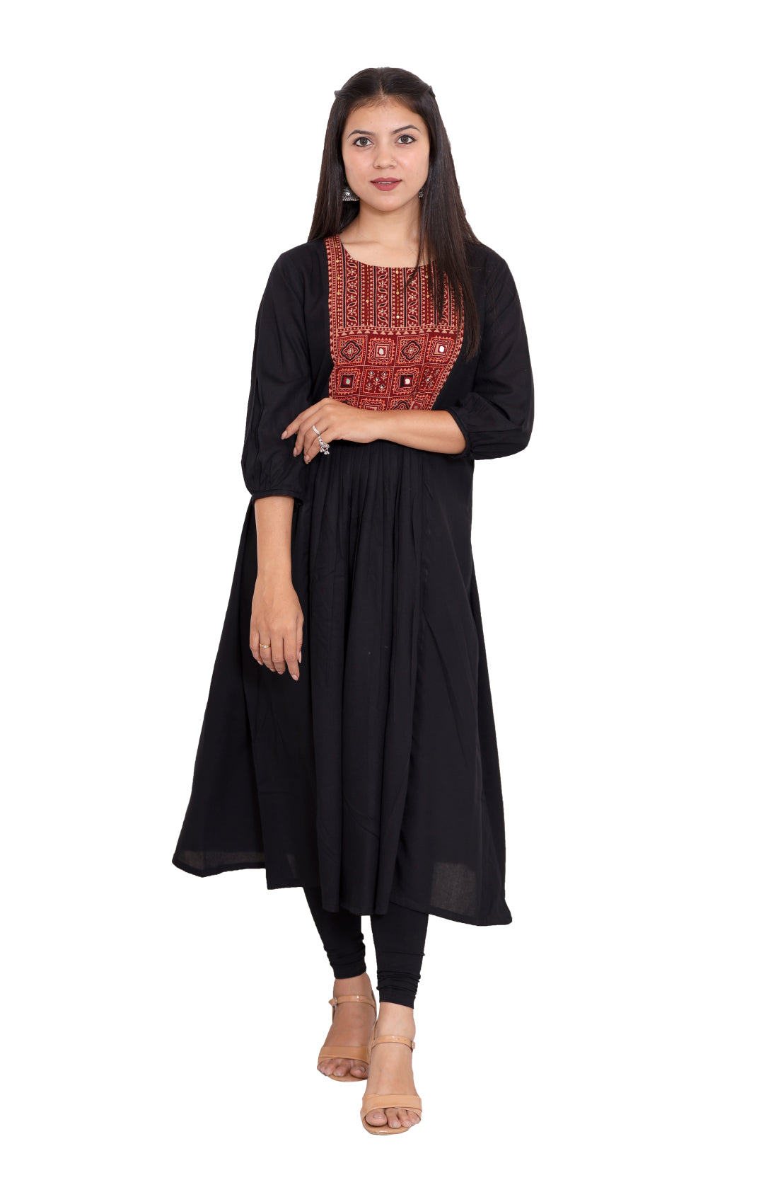 Women's Rayon Round Neck 3/4 Sleeve Embroderied A line Kurta for Party Office Everyday