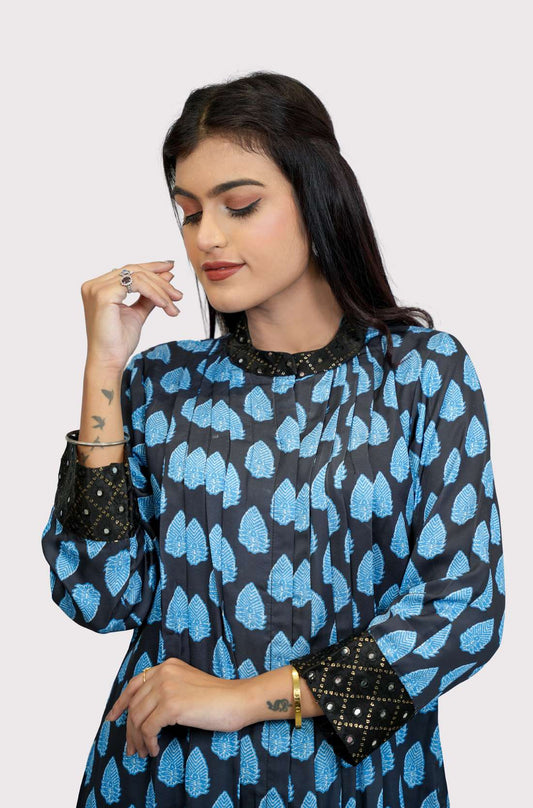 Black blue printed modal silk A line kurta for women