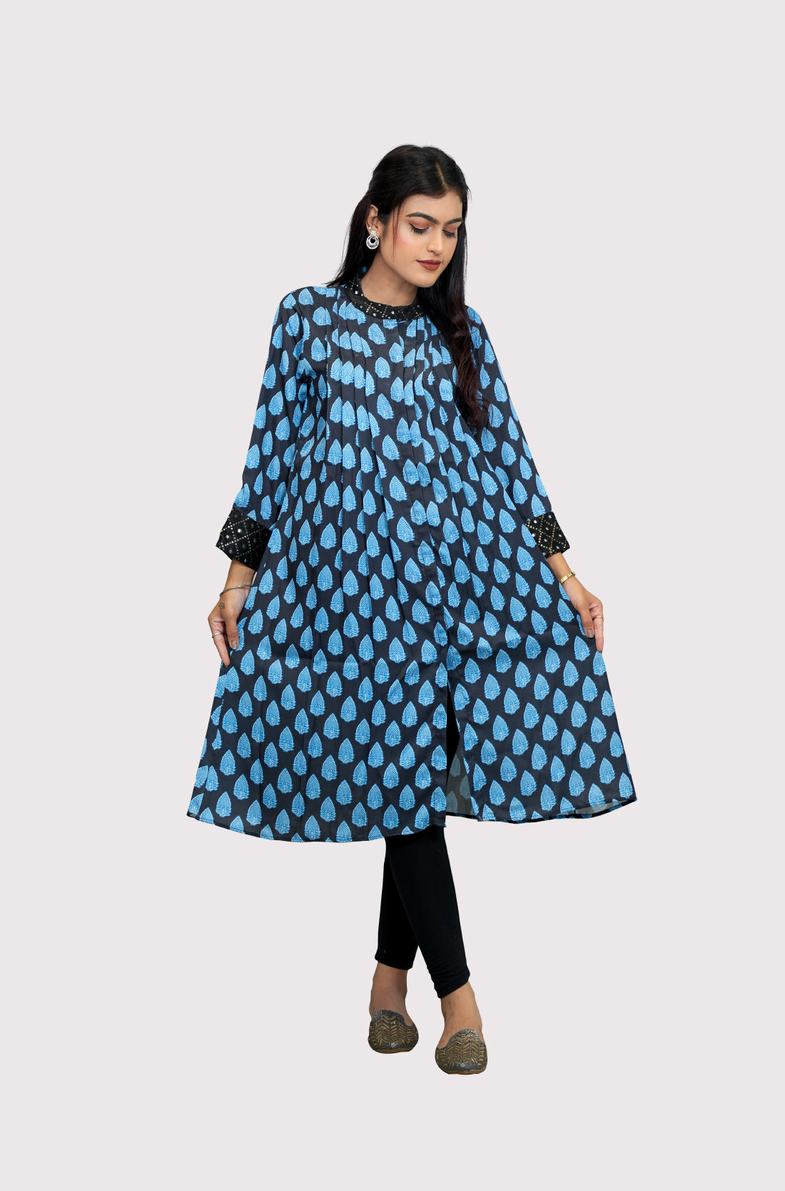 Black blue printed modal silk A line kurta for women