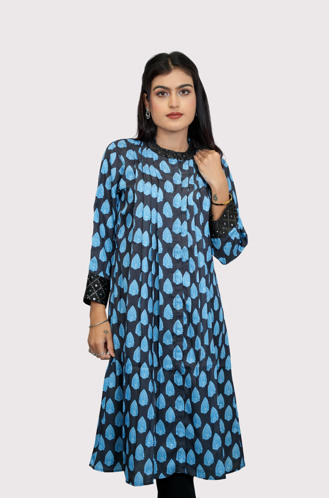 Black blue printed modal silk A line kurta for women