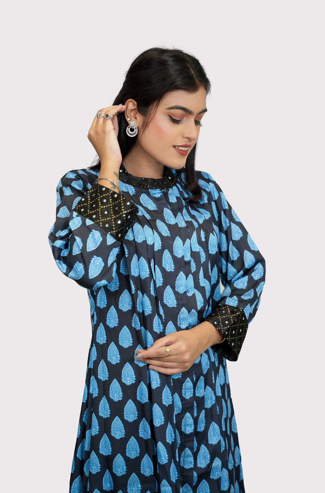 Black blue printed modal silk A line kurta for women