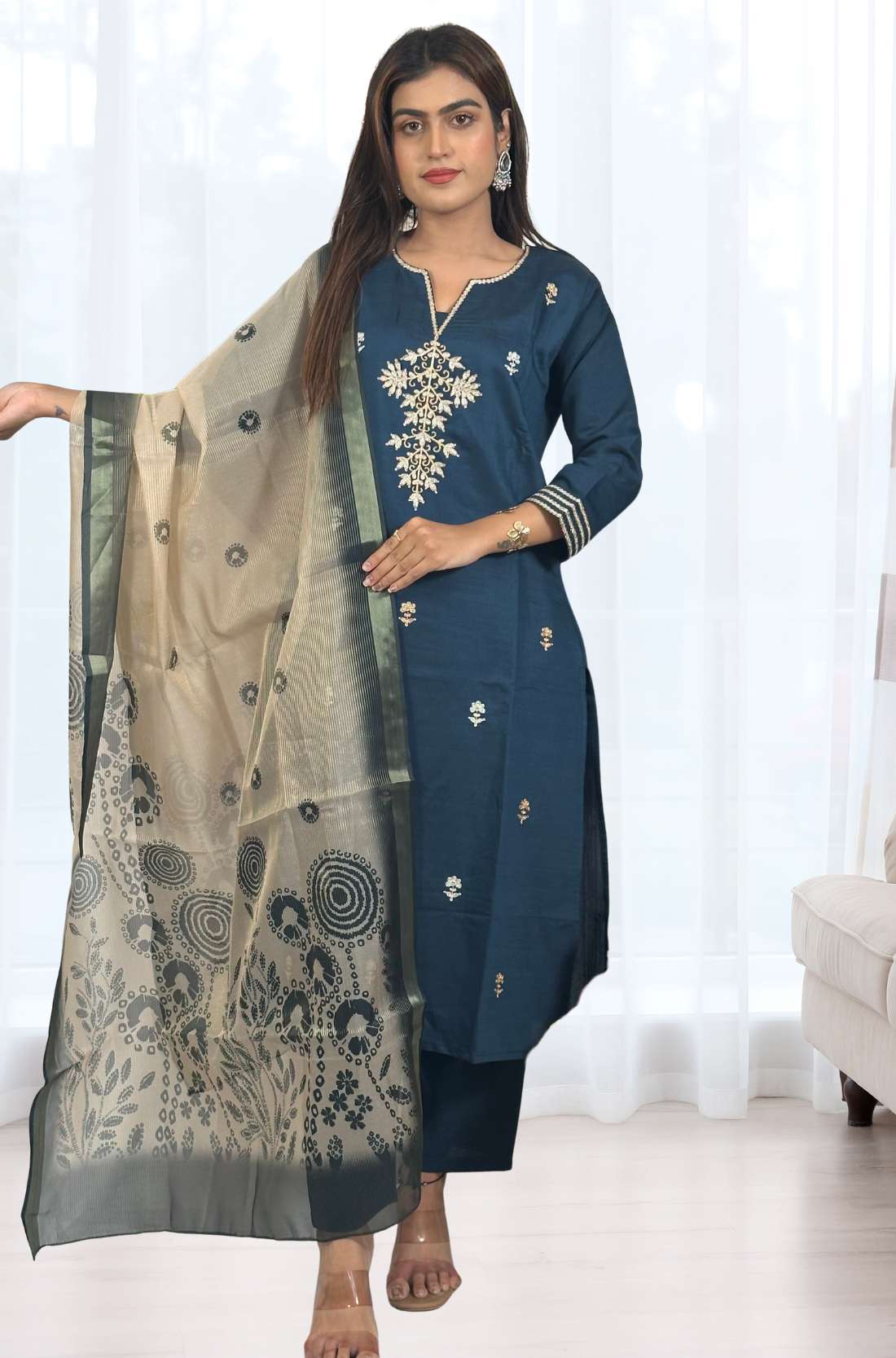 Dark blue kurta set with aari work embroidery in full view showing chanderi dupatta