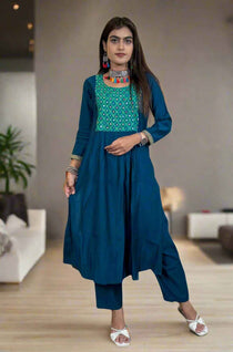Front View – Mirror hand work berlin silk dark blue Aline Kurta