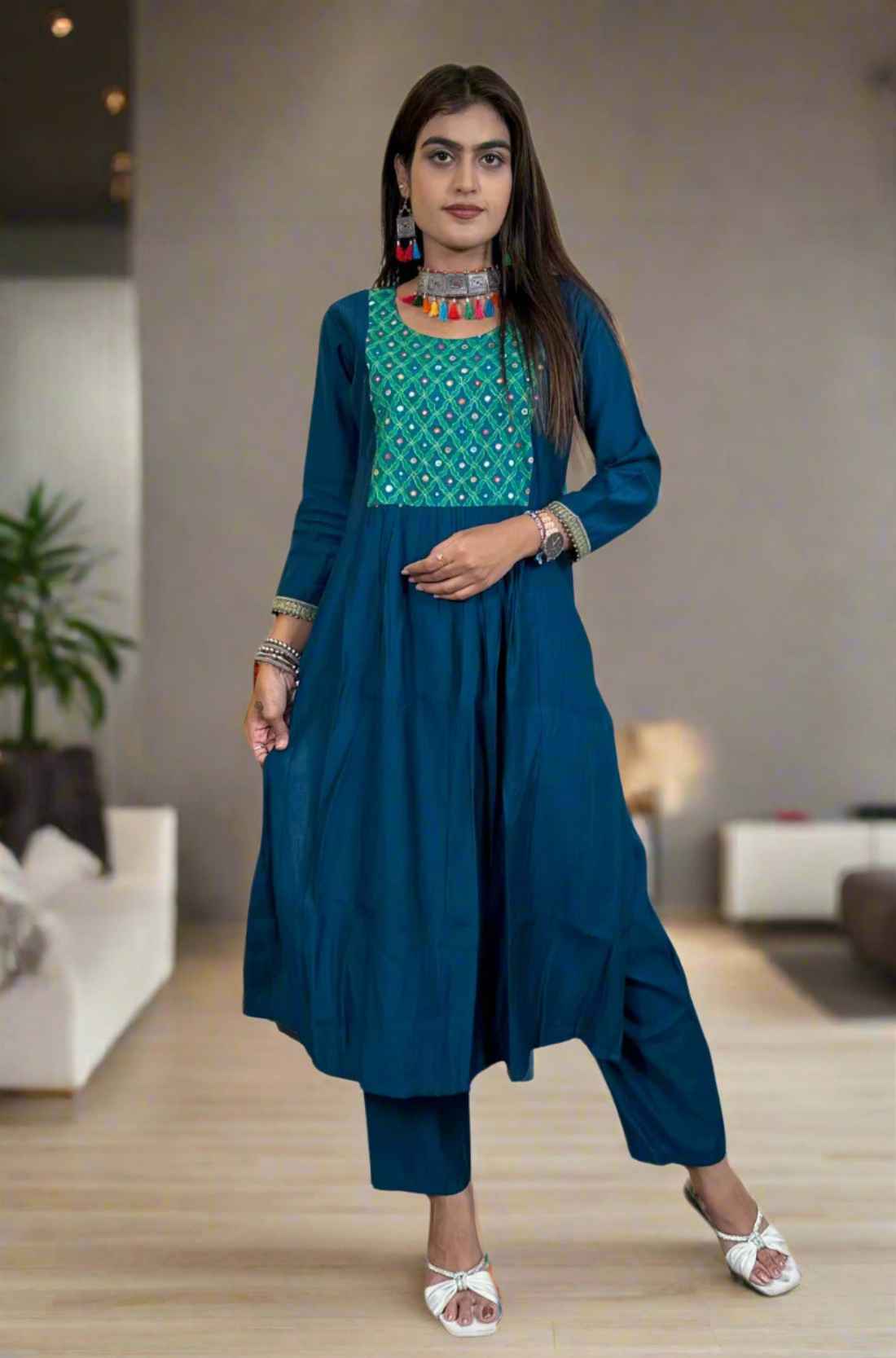 Front View – Mirror hand work berlin silk dark blue Aline Kurta