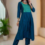Full Front View – Mirror hand work berlin silk dark blue Aline Kurta
