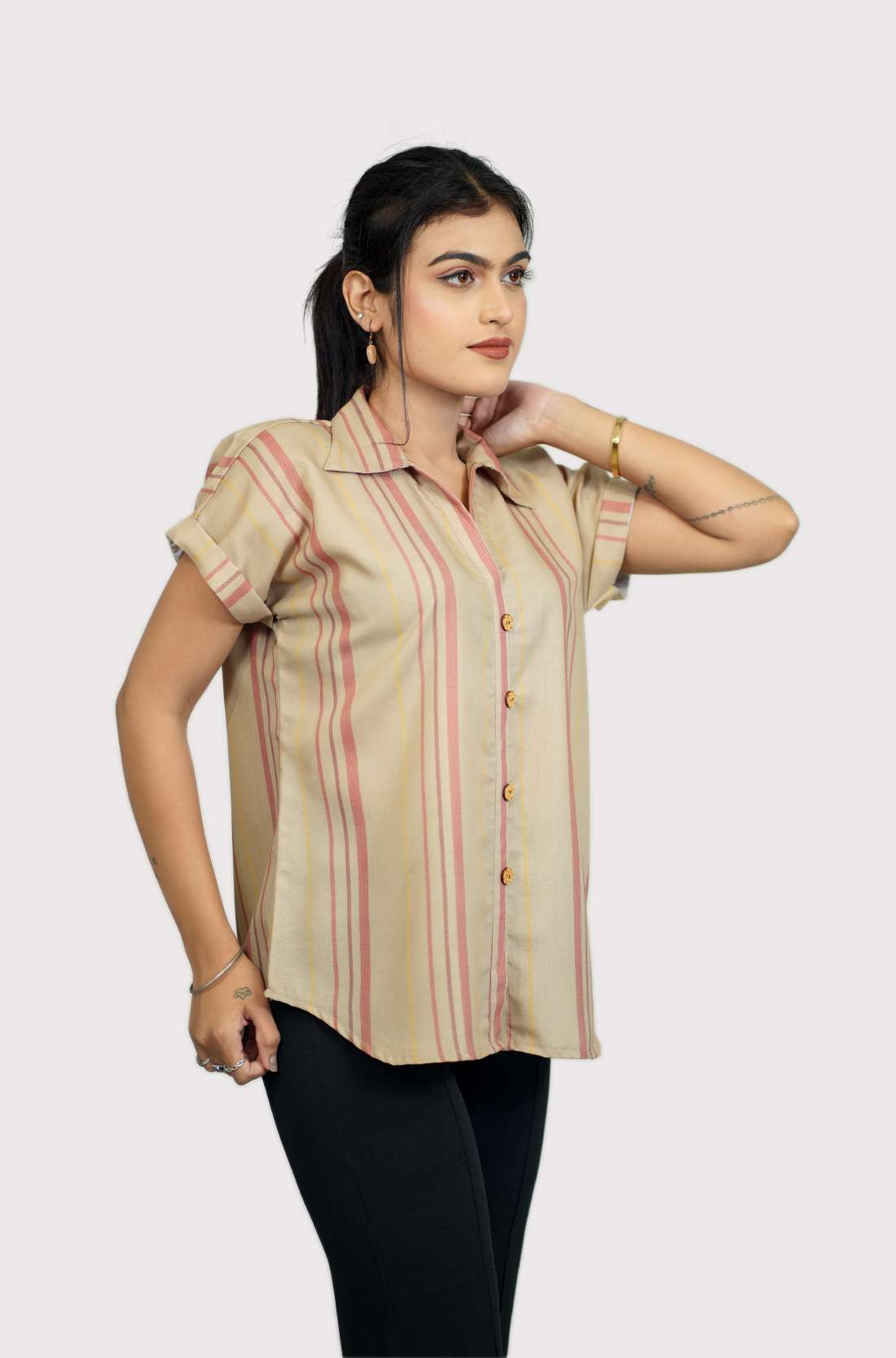 Beige Striped Rayon Shirt – Side View