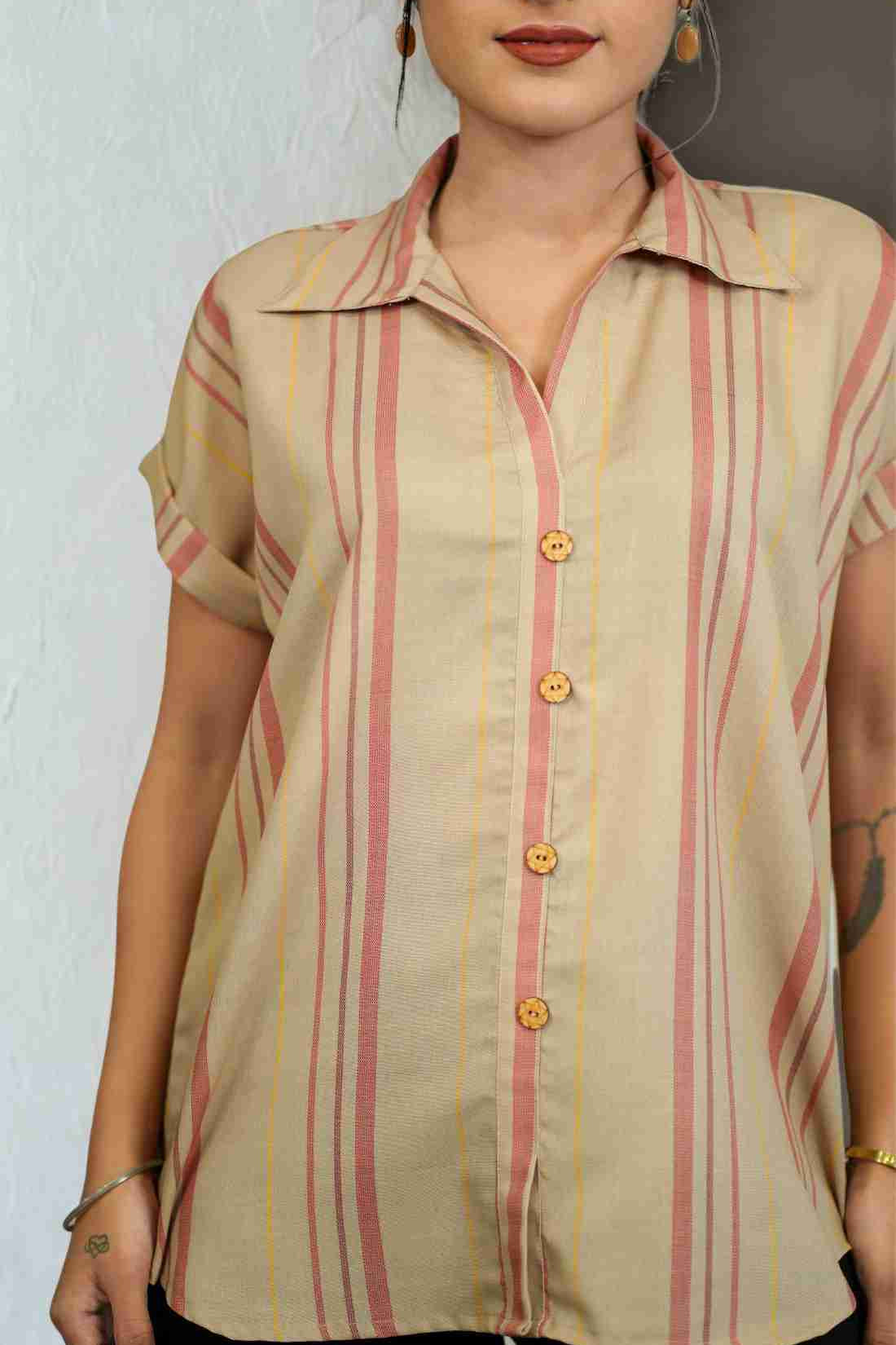 Beige Striped Rayon Shirt – Close-up View