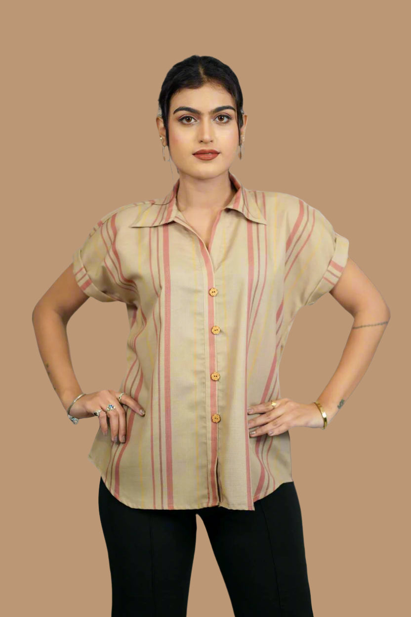 Beige Striped Rayon Top for Women – Front View