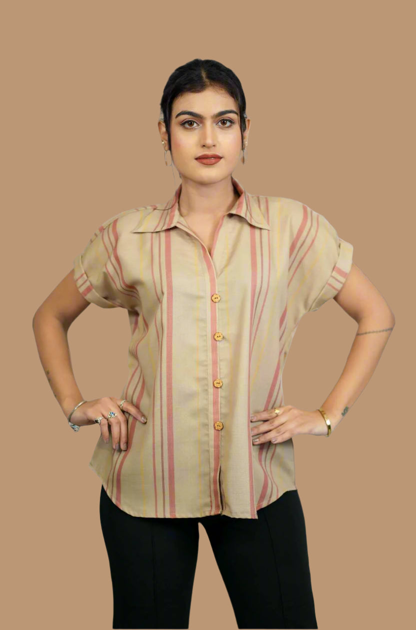 Beige Striped Rayon Top for Women – Front View