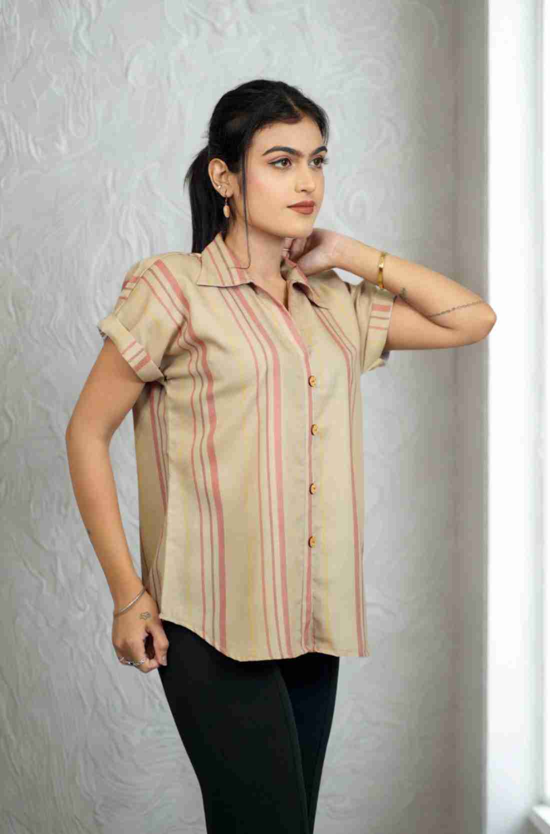 Beige Striped Rayon Top – Side View
