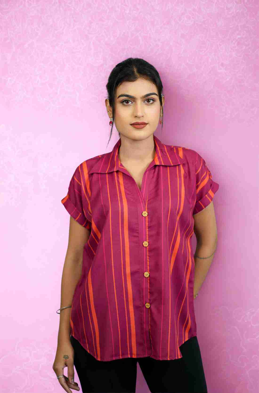 Dark Pink Striped Rayon Top – Close-up View