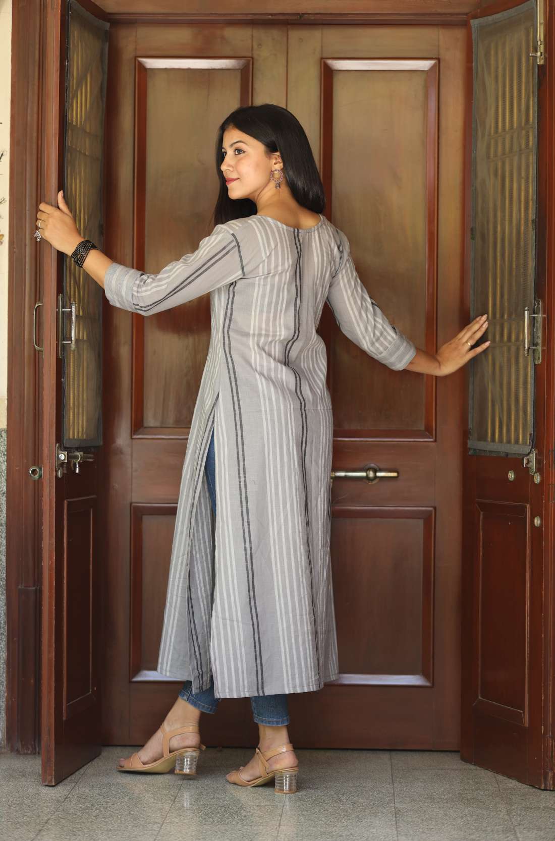 Grey Cotton Embroidered Aline Kurti From Back View.