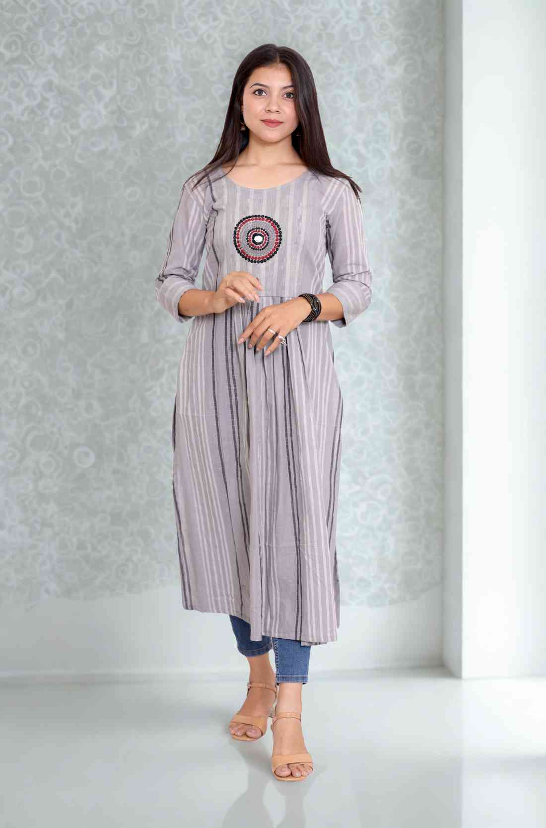 Grey Cotton Aline Kurti with circle embroidery full view of the kurti