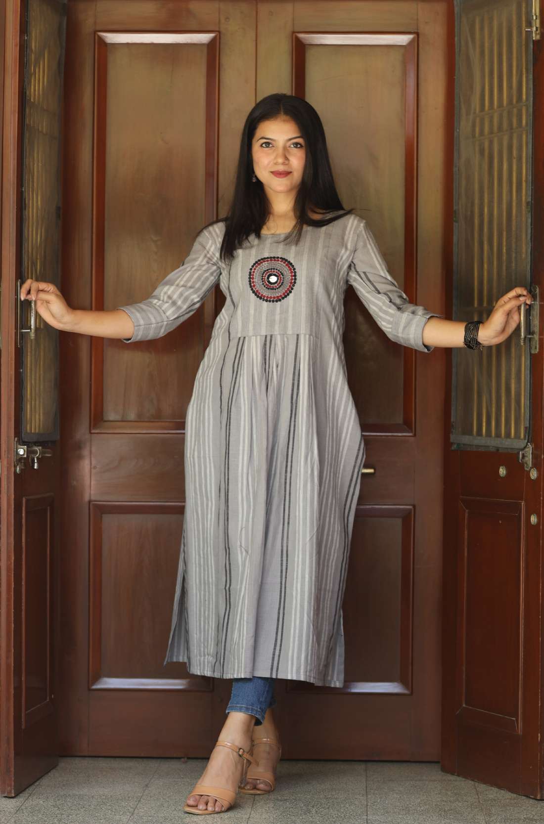 Grey Cotton Embroidered Aline Kurti Full Length view.