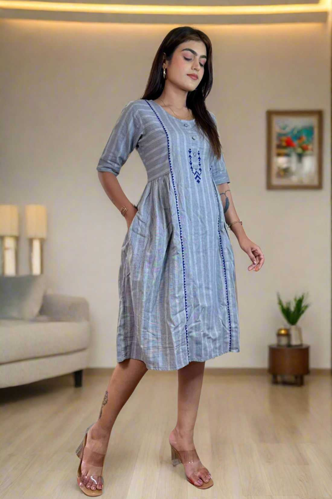 Grey Frock with Hand Block Print – Front Full View