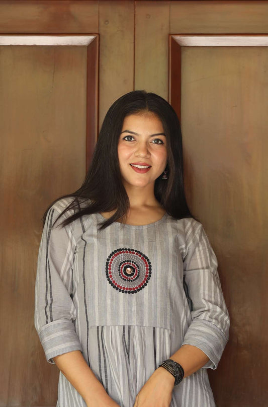 Women's Cotton Round Neck 3/4 Sleeve Embroderied A-Line Kurta Wedding Anniversary Events Everyday-Color [Grey]