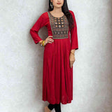 Maroon Hand Embroidered Block Printed Aline Kurta full front view.