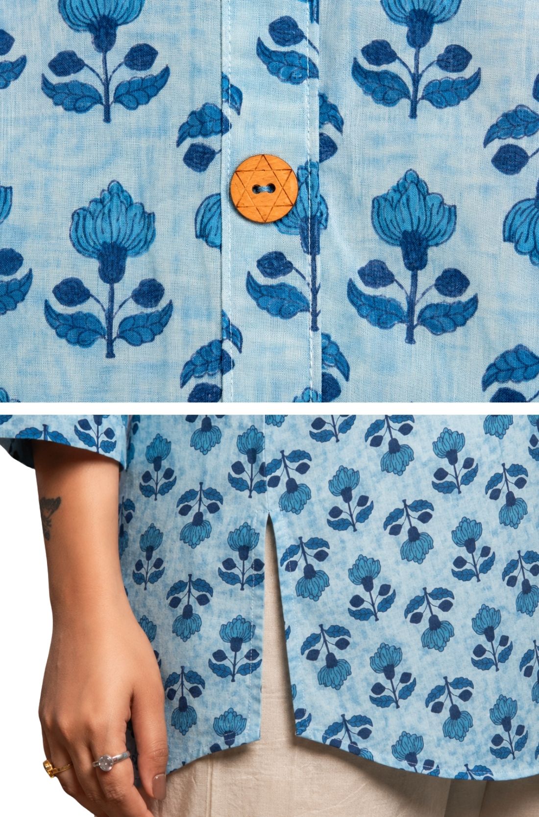 Detailed view of powder blue pure cotton short kurti highlighting handcrafted floral block print, wooden button closure and side slit for ease of movement.