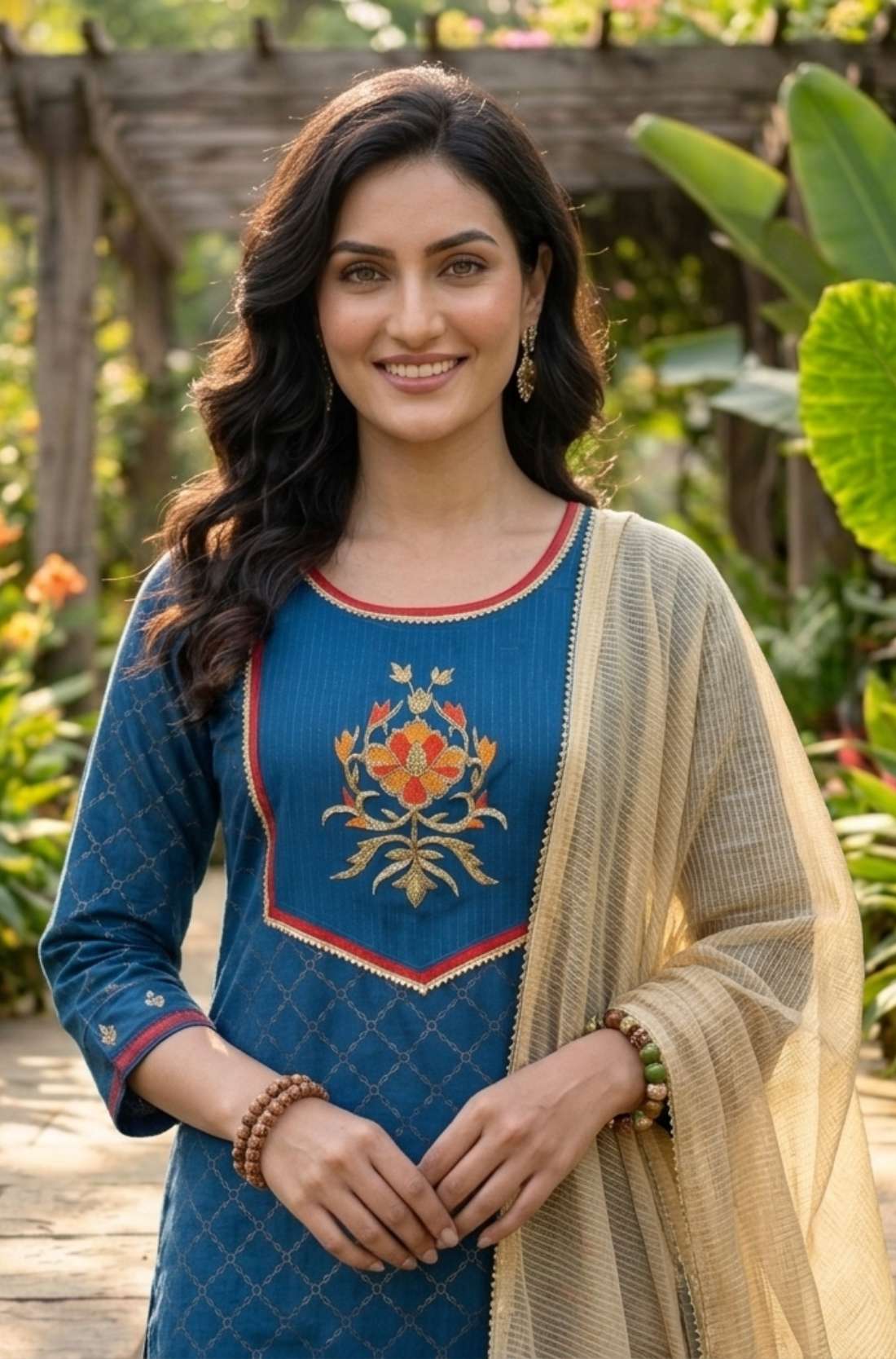 Close-up of the hand embroidered floral yoke and round neckline on the royal blue anti-crease crepe kurta with elegant gold accents.